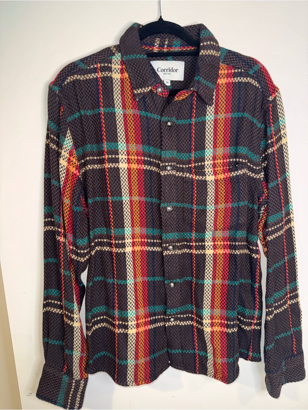 Corridor New York Men’s M Acid Plaid Brown Teal Orange Herringbone Shirt